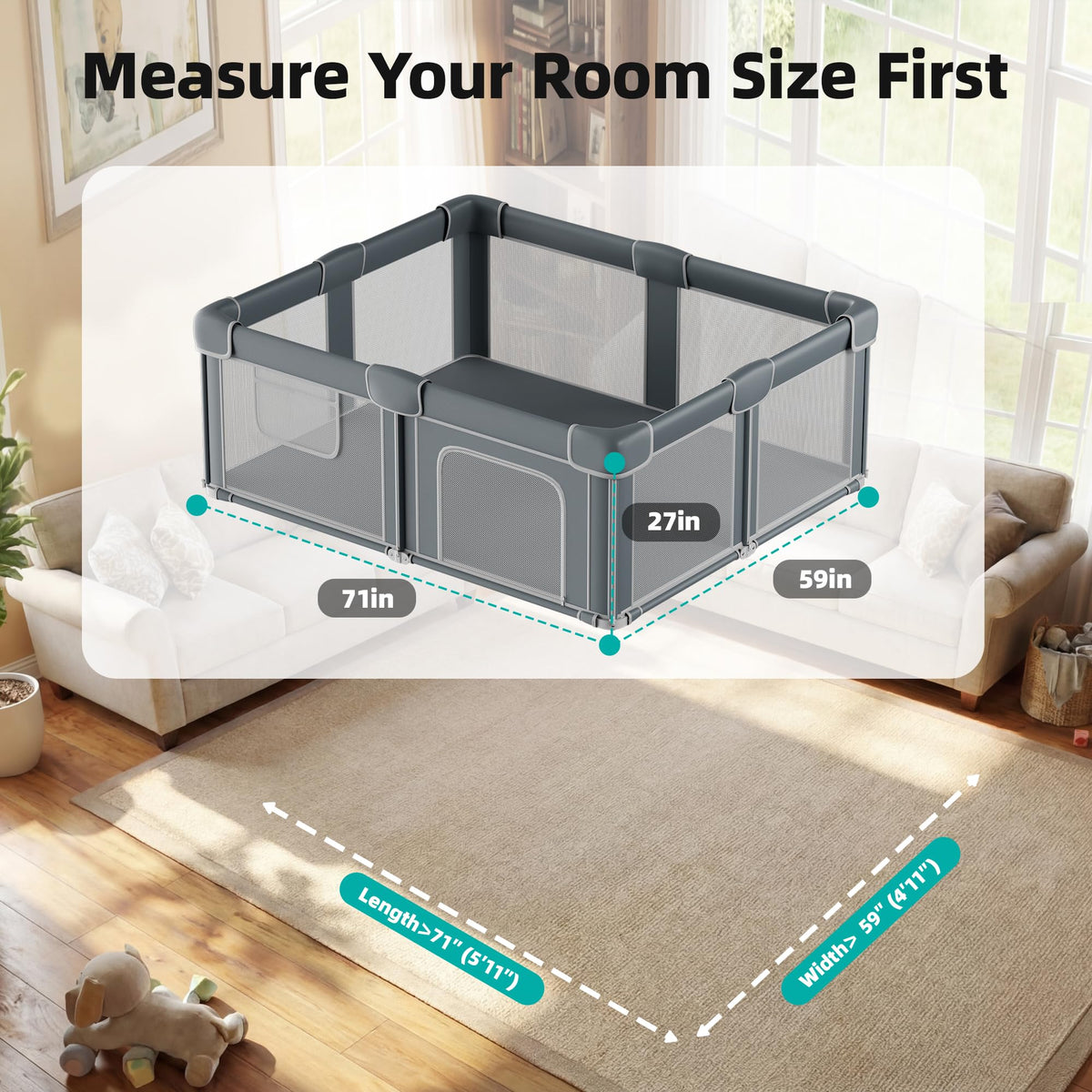 Foldable Baby Playpen with Mat, 71x59 Inches, Grey P77215