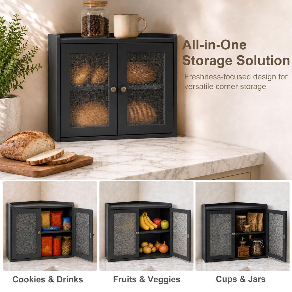 Black 2-Tier Wooden Corner Bread Box A426
