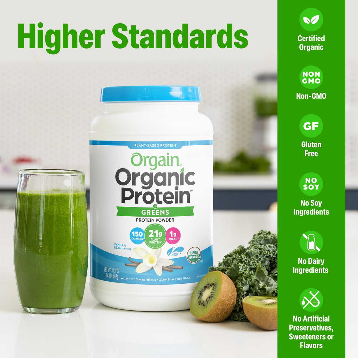 Organic Vegan Protein Powder + Greens Vanilla Bean 21g Plant Based Gluten Free Dairy Free 1.94lb W79567