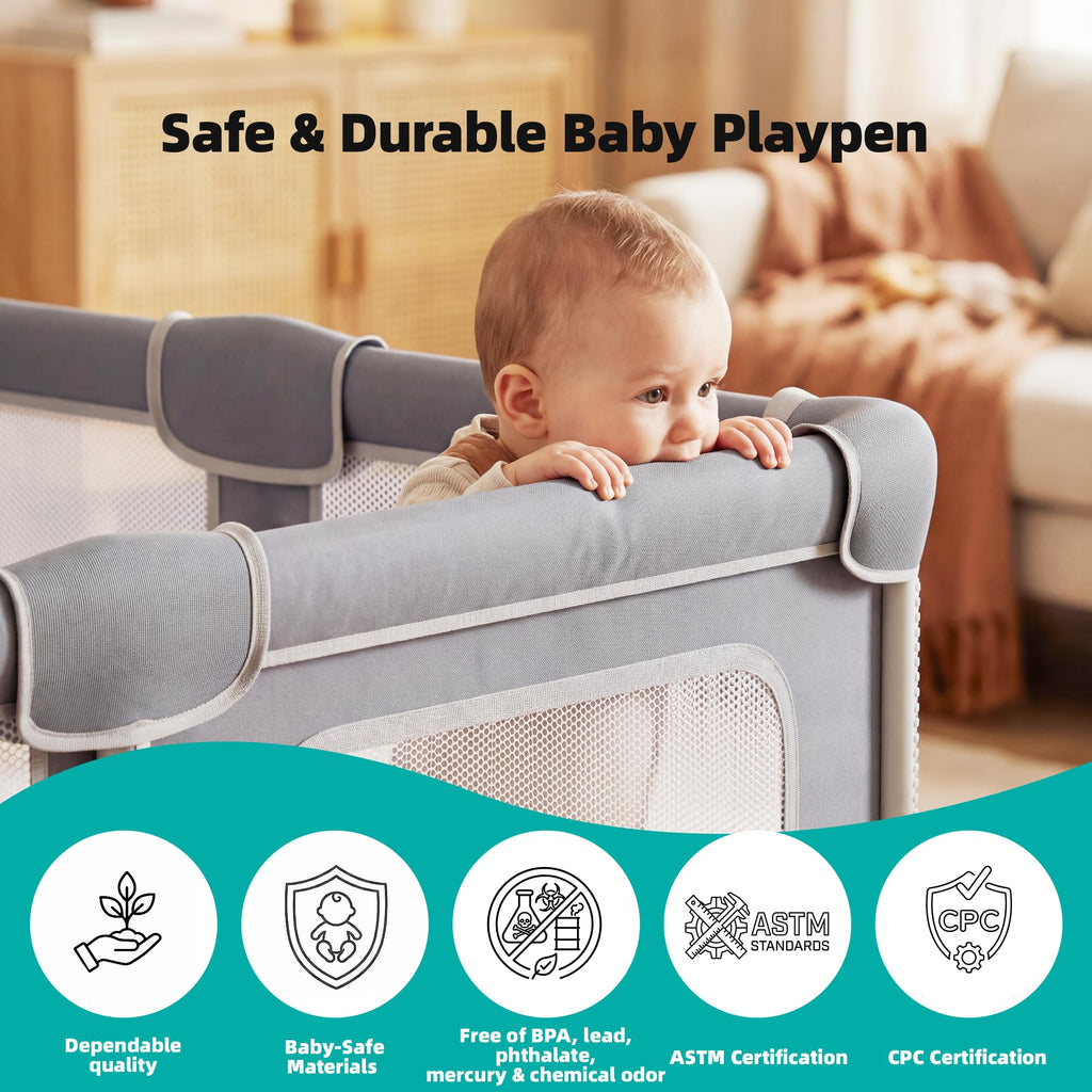 Foldable Baby Playpen with Mat, 71x59 Inches, Grey P77215