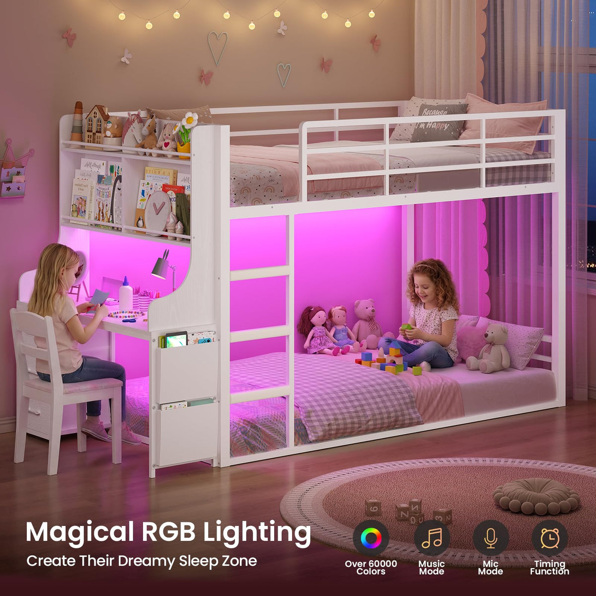 White Twin Over Twin Low Bunk Bed with Desk & 3 Storage Drawers O712099