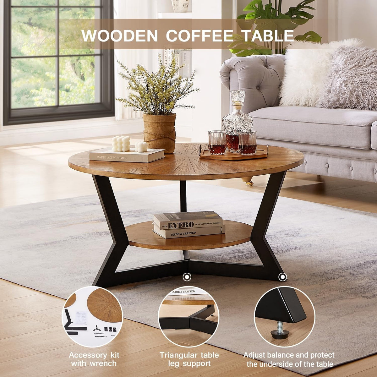 Brown 2-Tier Solid Wood Round Coffee Table Y6421