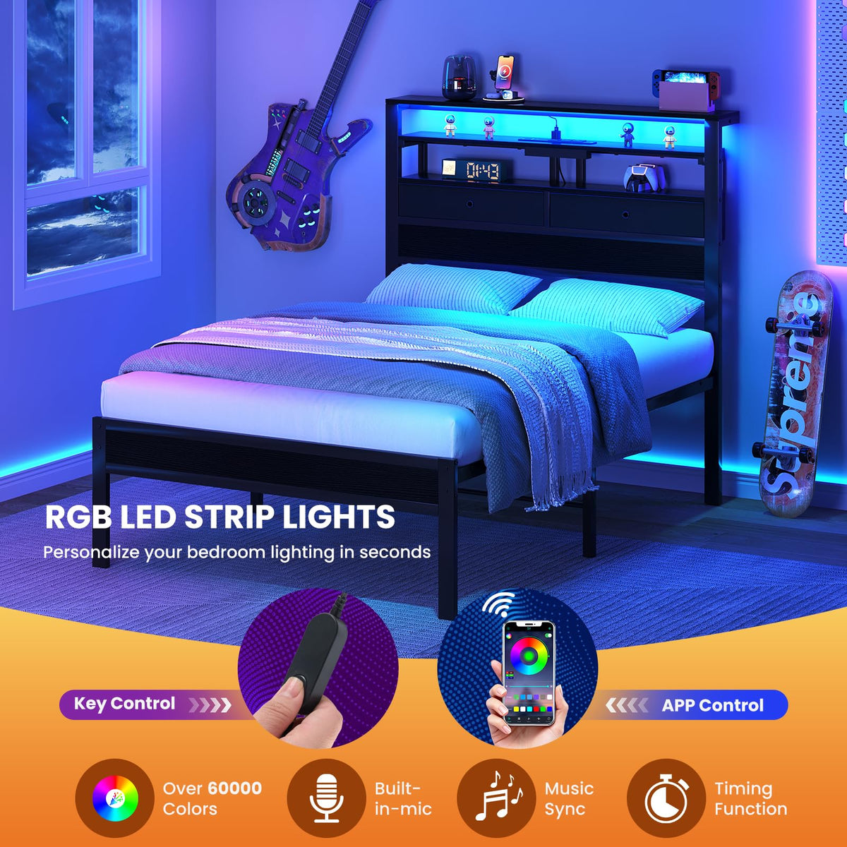 Queen Bed Frame with LED Lights and Charging Station E80209