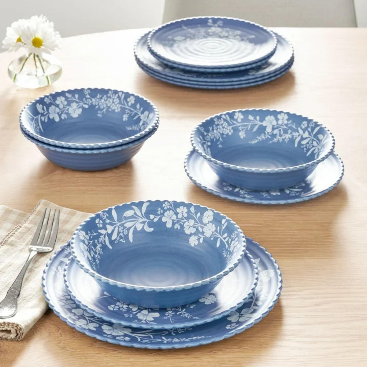 12-Piece Bamboo Melamine Dinnerware Set, Service for 4, Blue R213