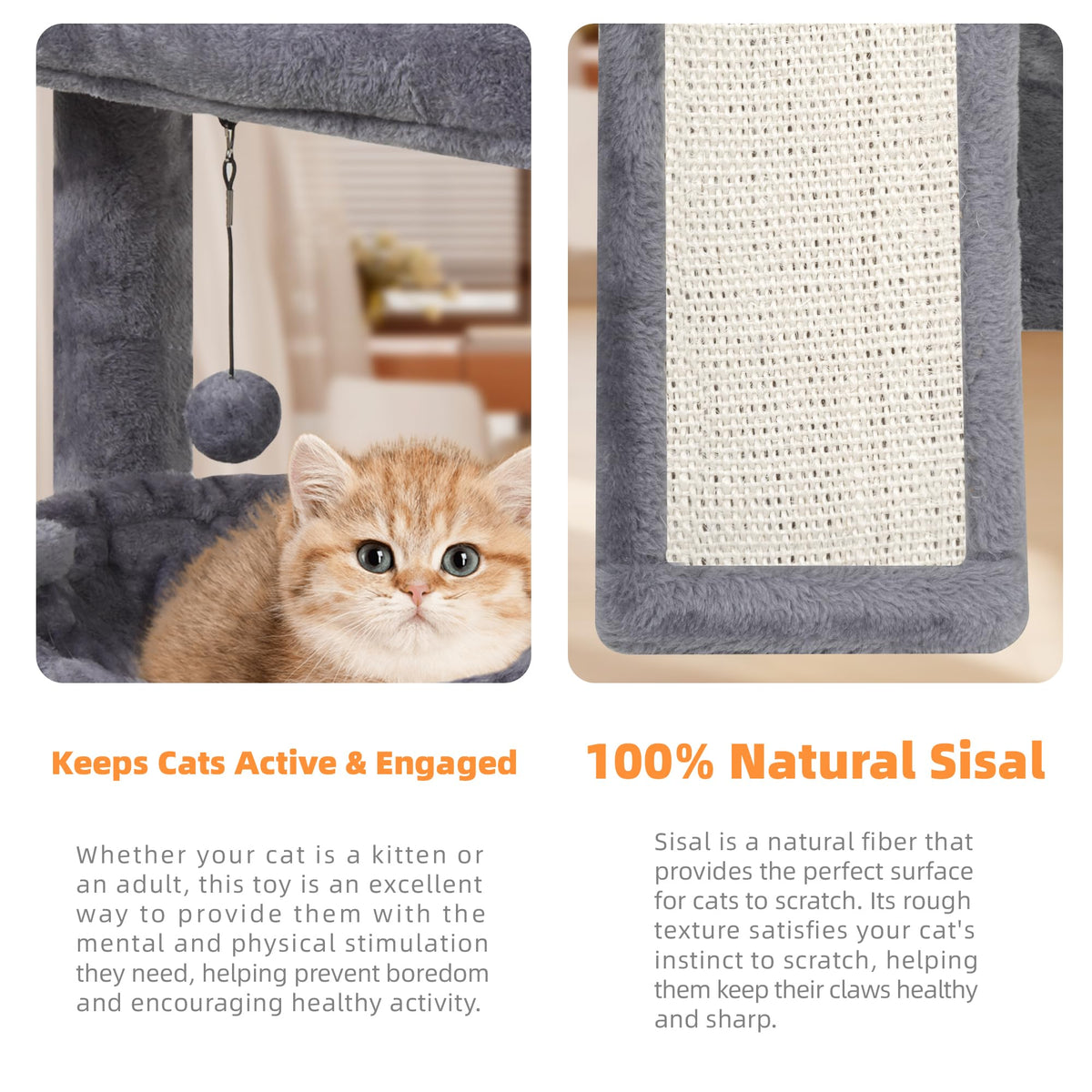 Cat Tree with Scratching Post and Hammock, Grey B6744