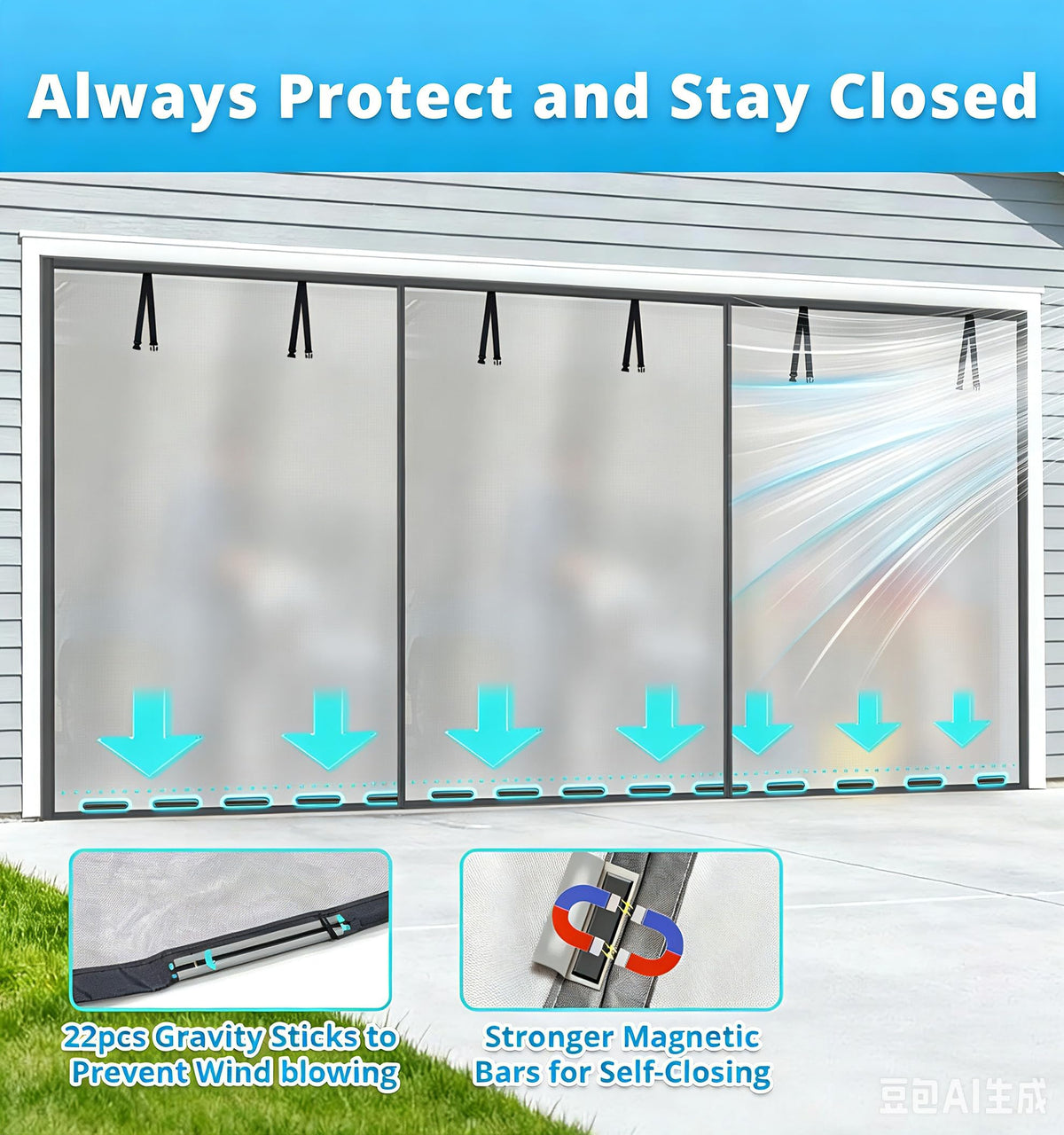 16x8FT Sliver Grey Magnetic Garage Door Screen with Fiberglass Mesh Y789