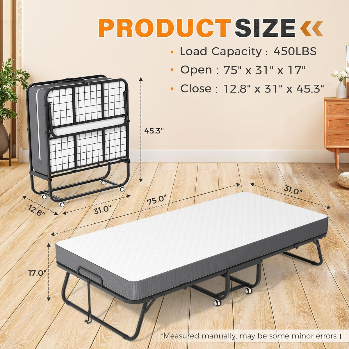 Foldable Single Bed with 5" Memory Foam Mattress and Wheels B64861