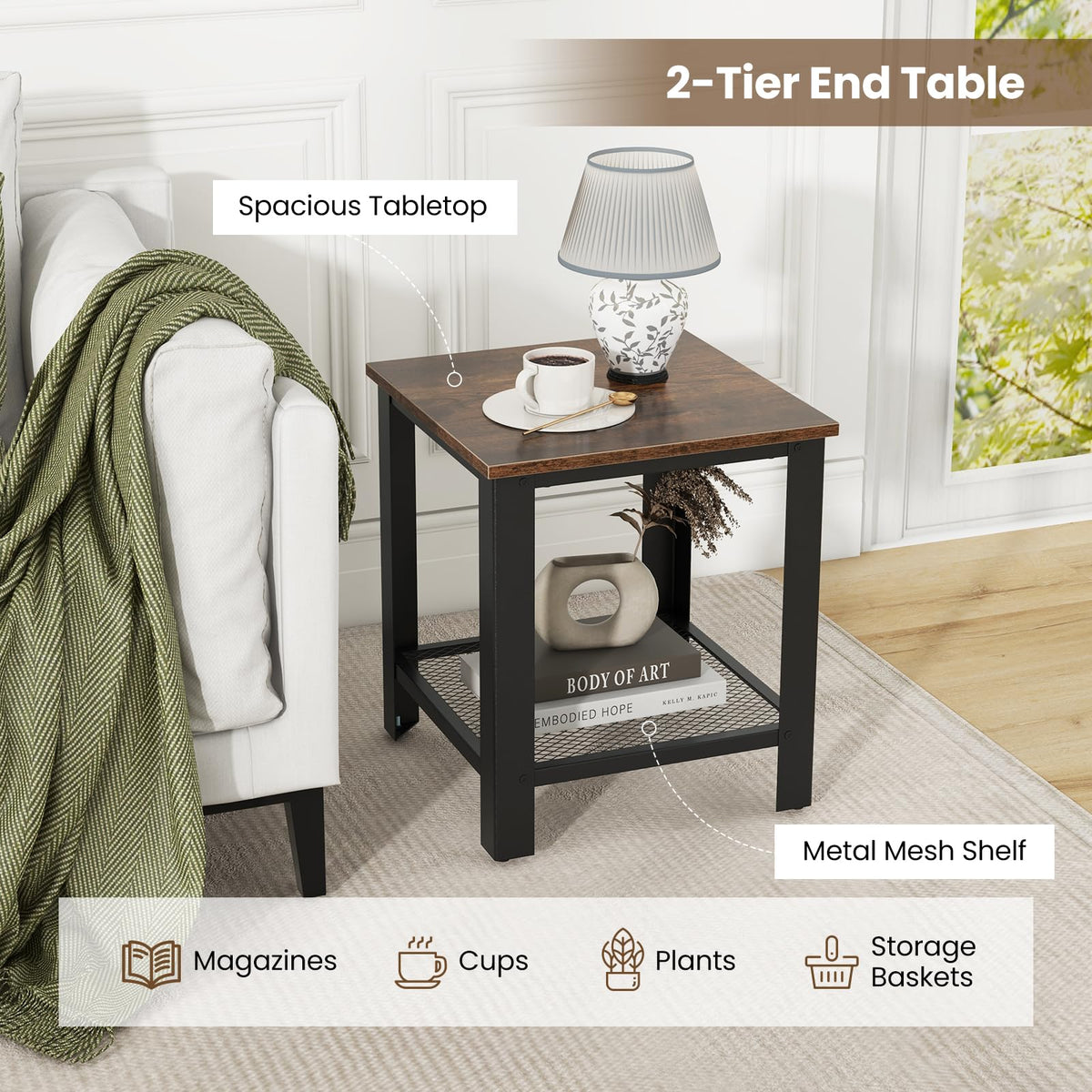 2-Tier End Table Set of 2, 16 Inch Side Table with Mesh Storage Shelf K1003