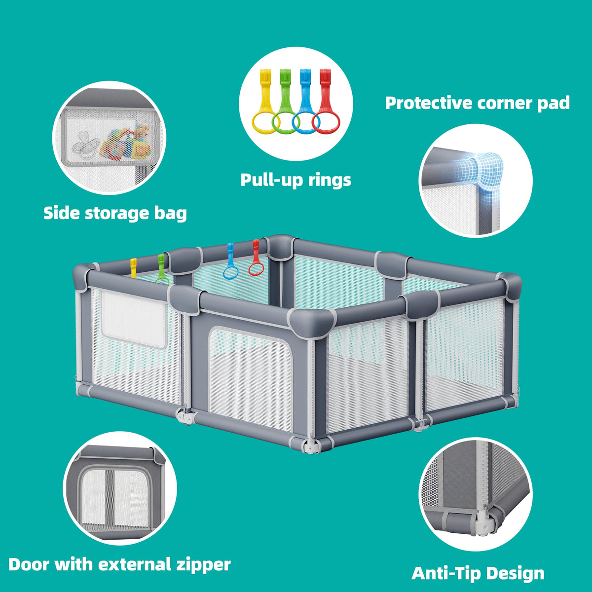 Foldable Baby Playpen with Mat, 71x59 Inches, Grey P77215