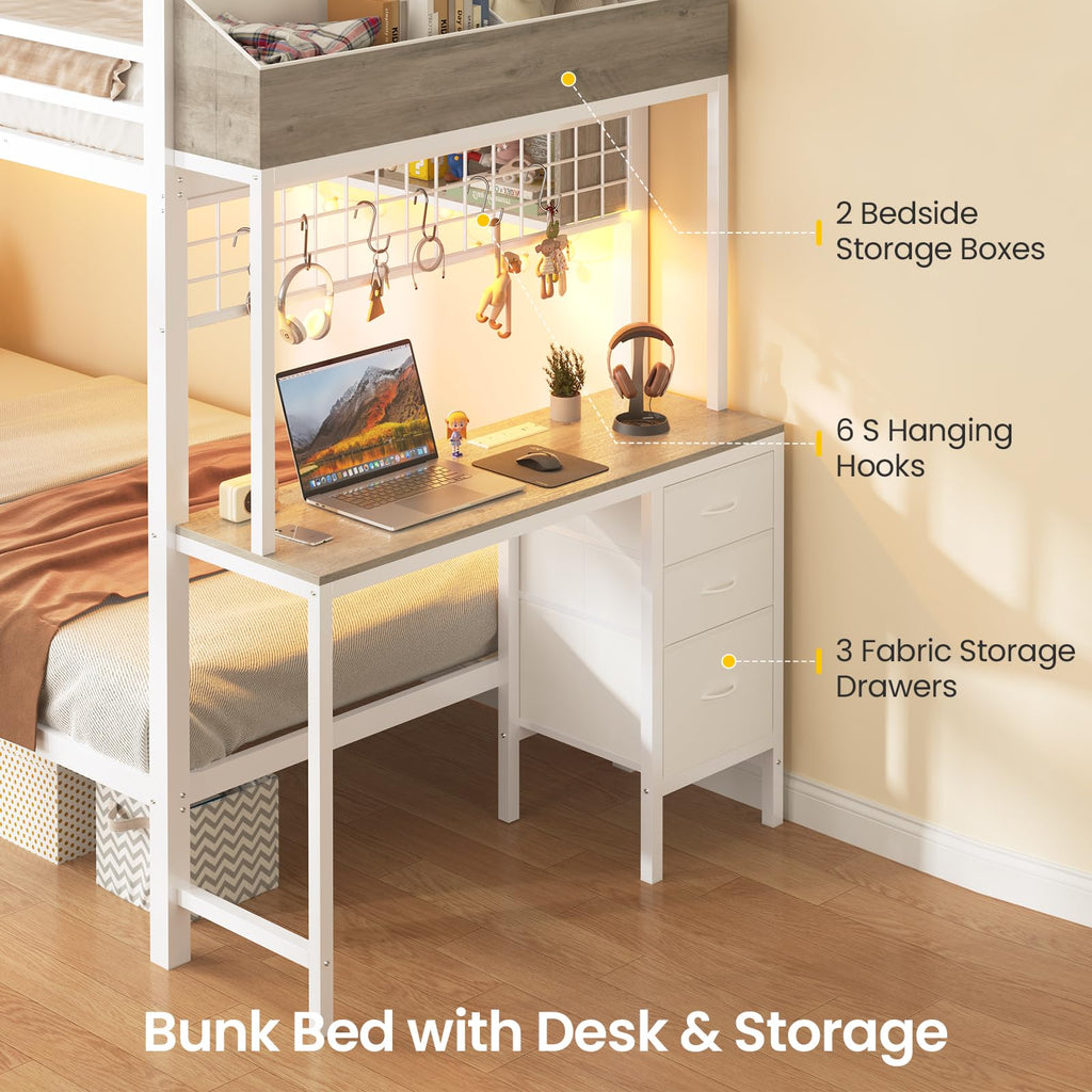 White Twin Over Twin Metal Bunk Bed with Desk and 3 Storage Drawers C971262