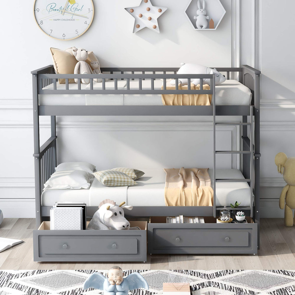 Grey Convertible Wood Twin-Over-Twin Bunk Bed with Storage Drawers and Ladder J97625