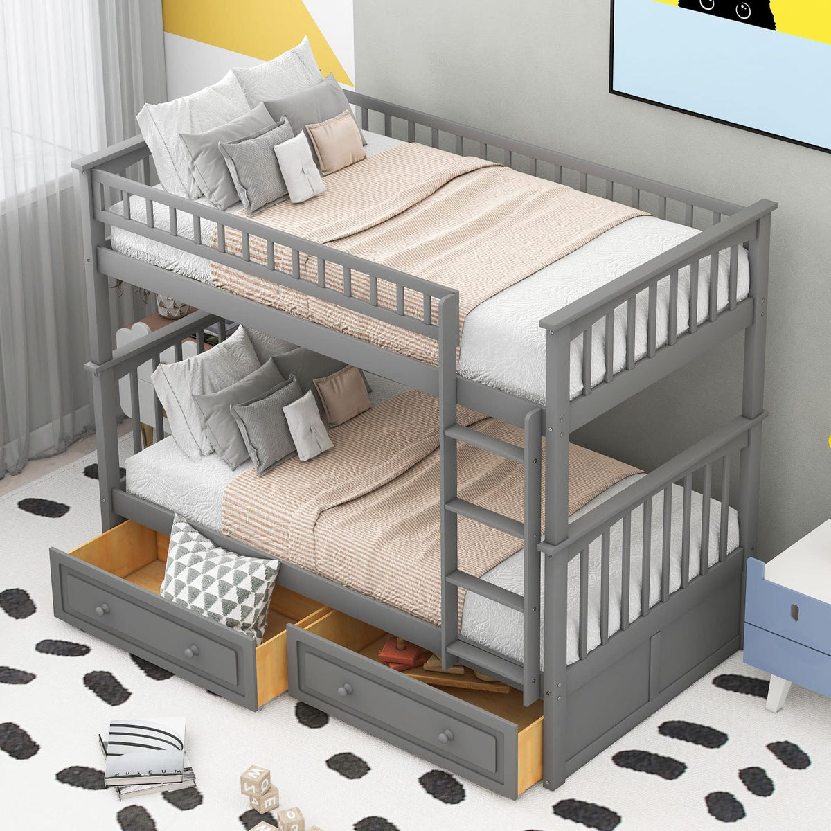 Grey Convertible Wood Twin-Over-Twin Bunk Bed with Storage Drawers and Ladder J97625