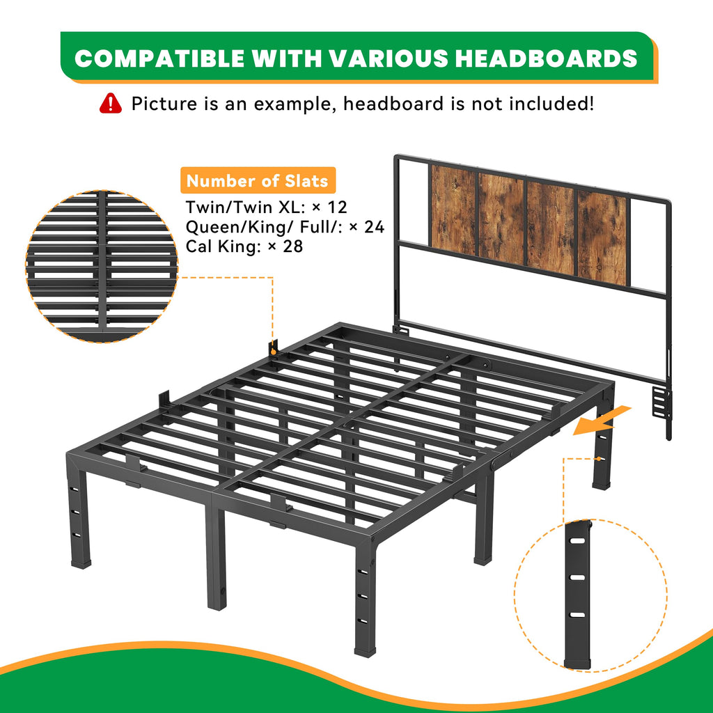 16 Inch King Size Black Metal Platform Bed Frame K2174