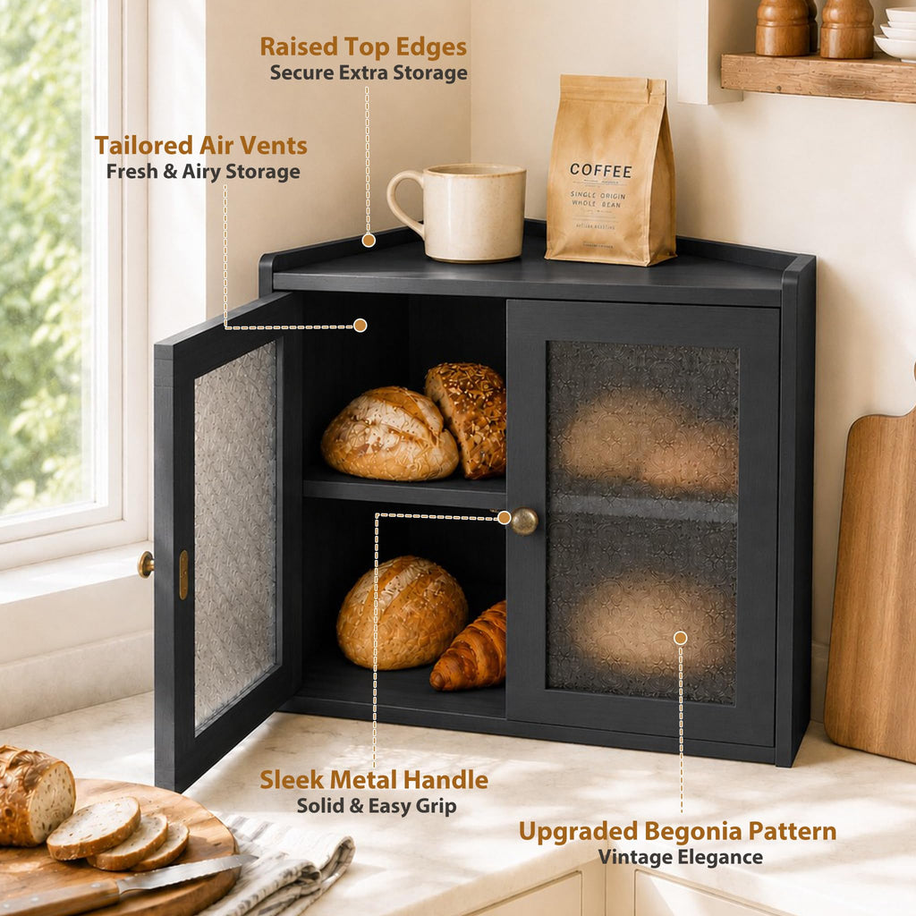 Black 2-Tier Wooden Corner Bread Box A426