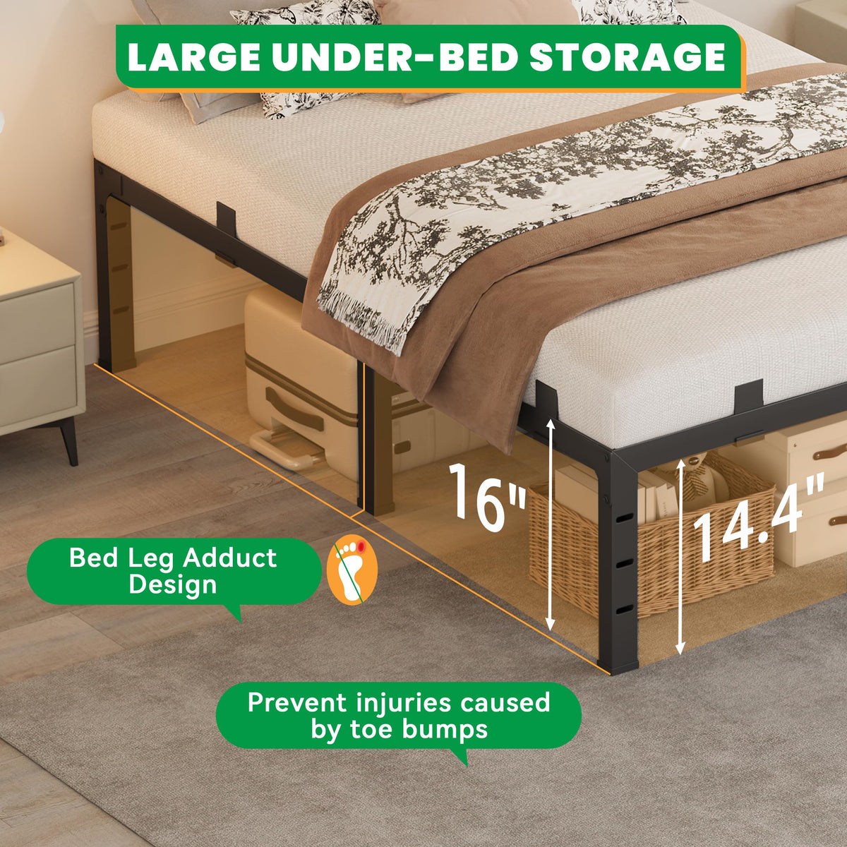 16 Inch King Size Black Metal Platform Bed Frame K2174