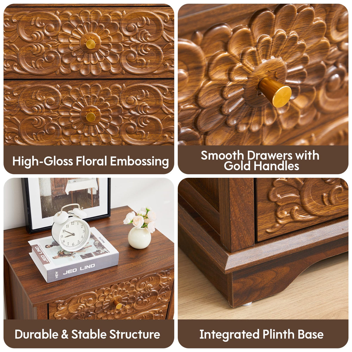 5 Drawer Narrow Wooden Dresser with Gold Handles Y593
