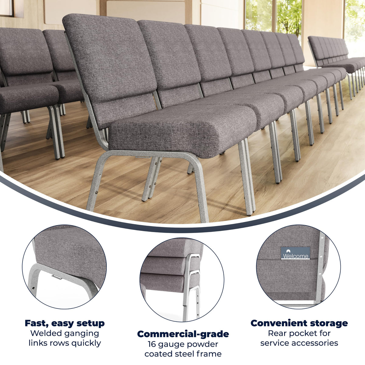 4 Pack Stacking Church Chair in Gray Fabric H500